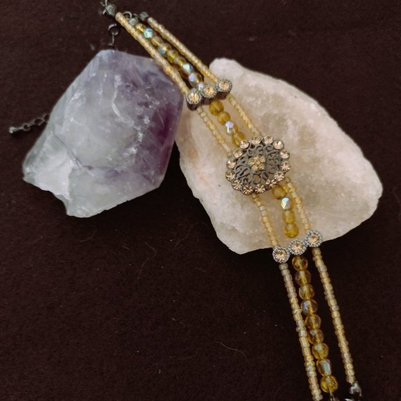 Caramel Bead Faux Diamond Rhinestone Silver Metal Bracelet - Picture 1 of 2